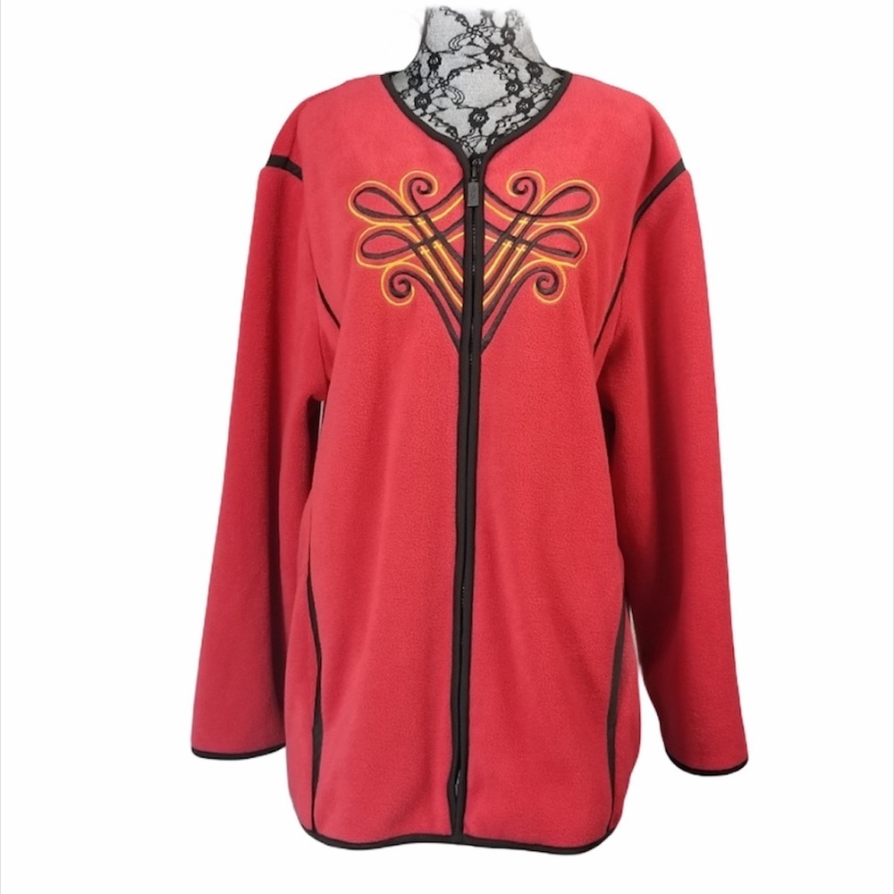- Bob Mackie 1X Fleece Embroidery Red Jacket Vintage‎